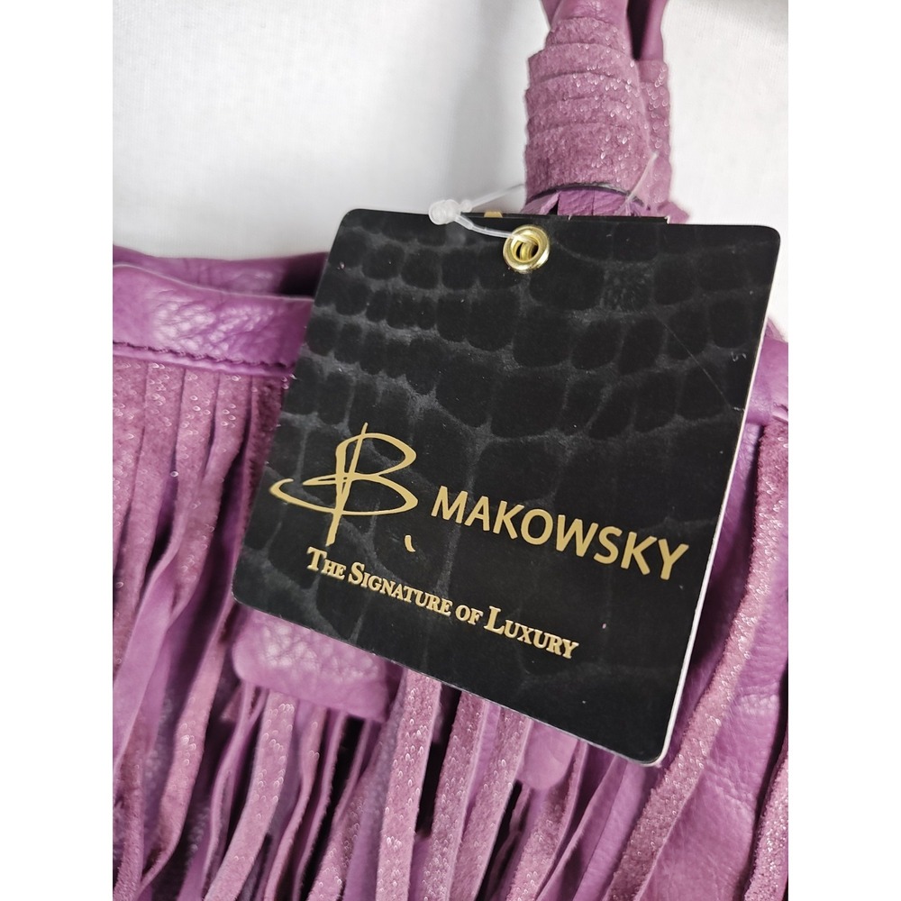 B. Makowsky Cabernet Purple Leather Fringe Tote Bag Hobo Purse NWT A212792 - Picture 3 of 16